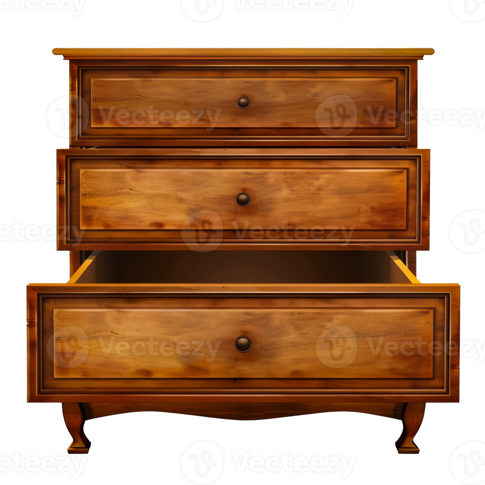 Antique wooden dresser with ornate handles and open drawers, rustic furniture piece cut out on transparent background png