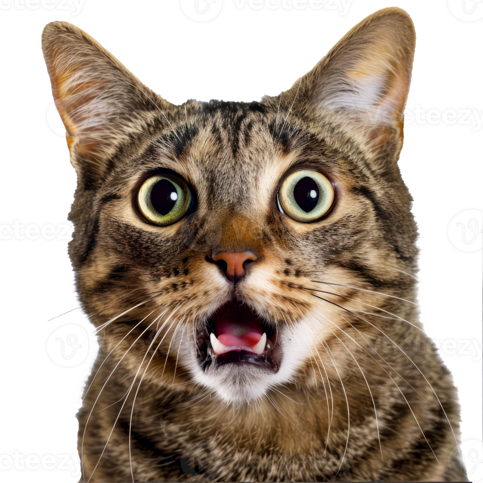 Surprised Tabby Cat with Wide Eyes and Open Mouth Close-Up cut out on transparent background png
