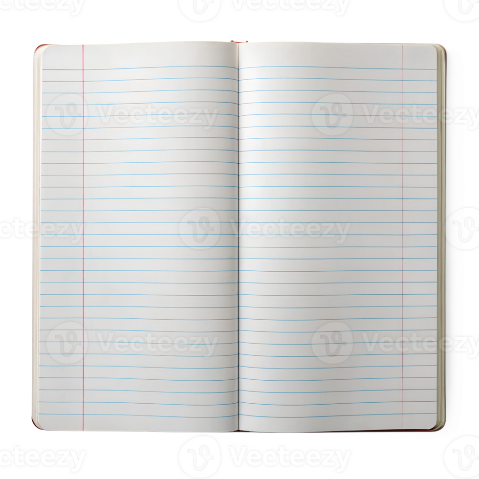Open lined notebook isolated on white, cut out transparent png