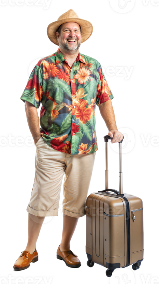 Man in Hawaiian shirt with suitcase, isolated on transparent background png