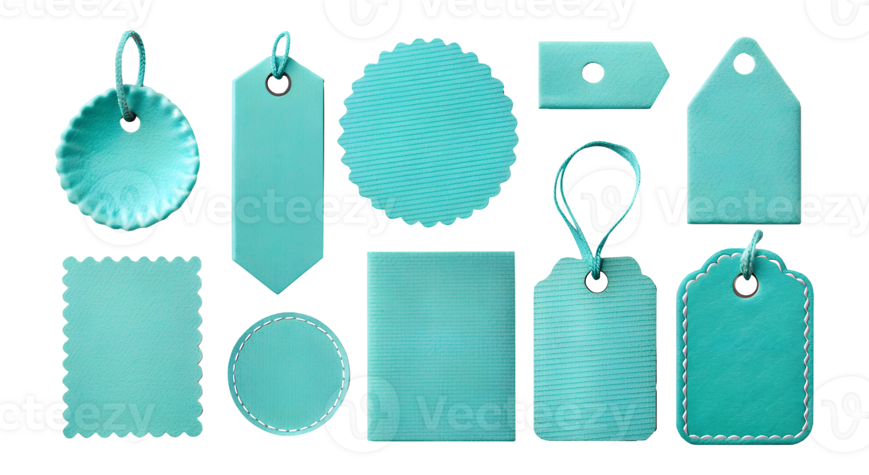 Set of turquoise price tags in various shapes, isolated on transparent background png