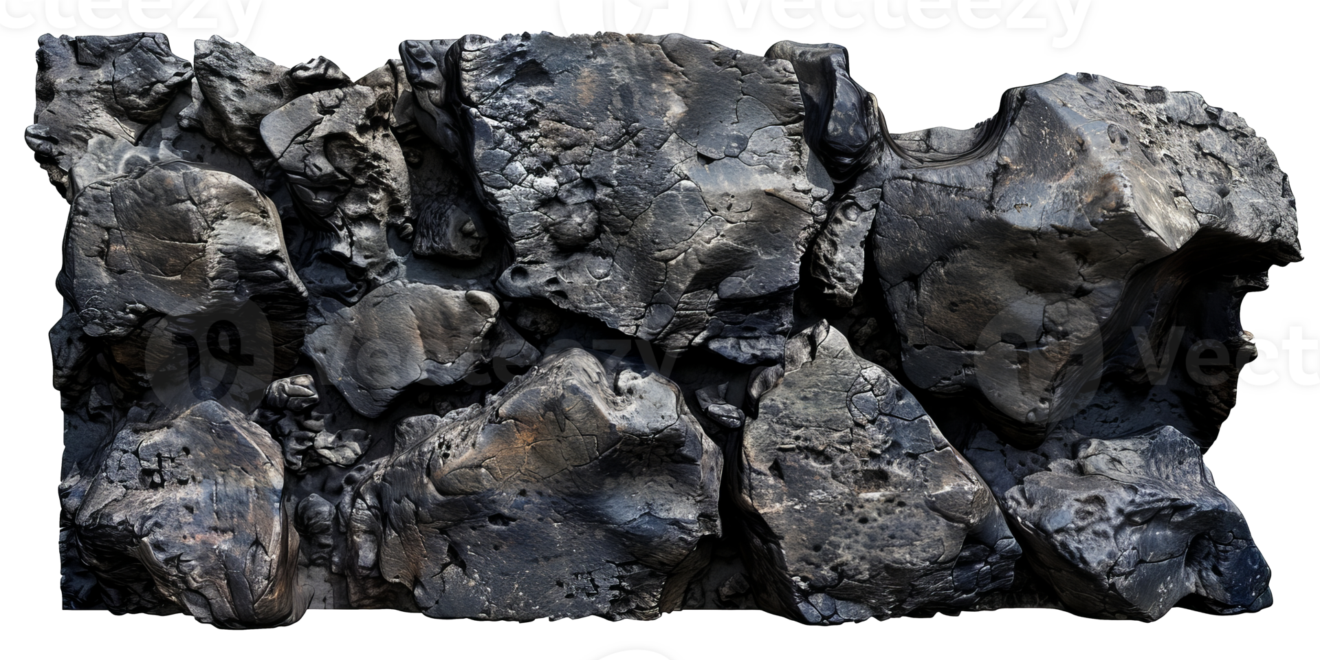 Detailed Close-Up of Large, Dark, Layered Rock Formation with Pebble Beach cut out on transparent background png