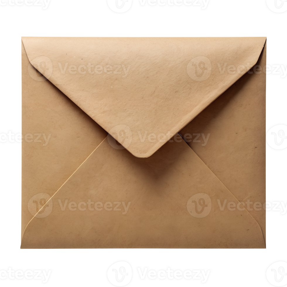 Tan envelope isolated on white background, cut out transparent png