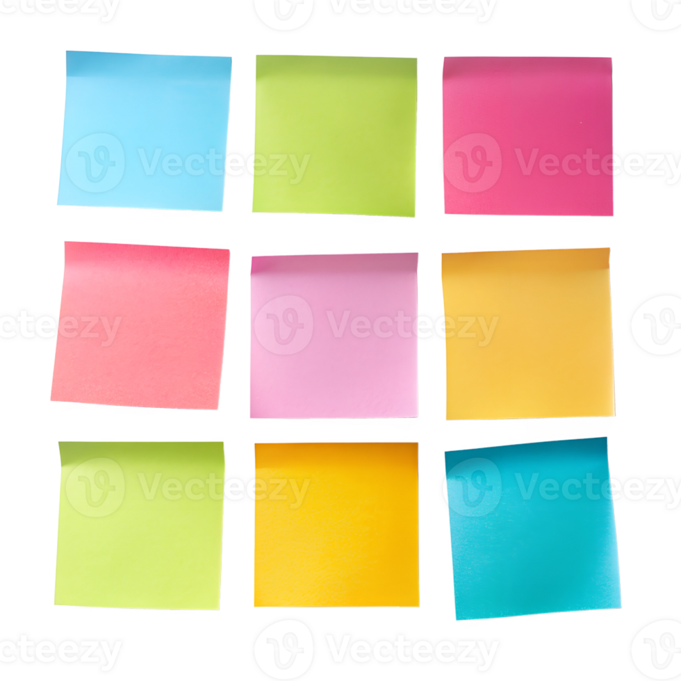 Nine colorful sticky notes arranged in grid, cut out transparent png