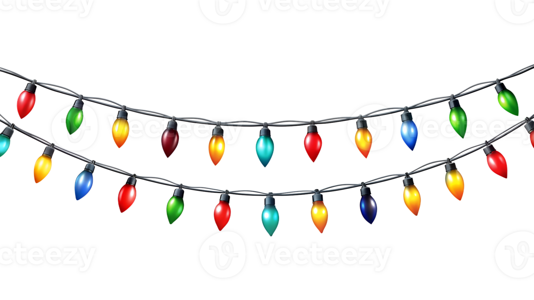 Christmas lights in multiple colors on black background, transparent png