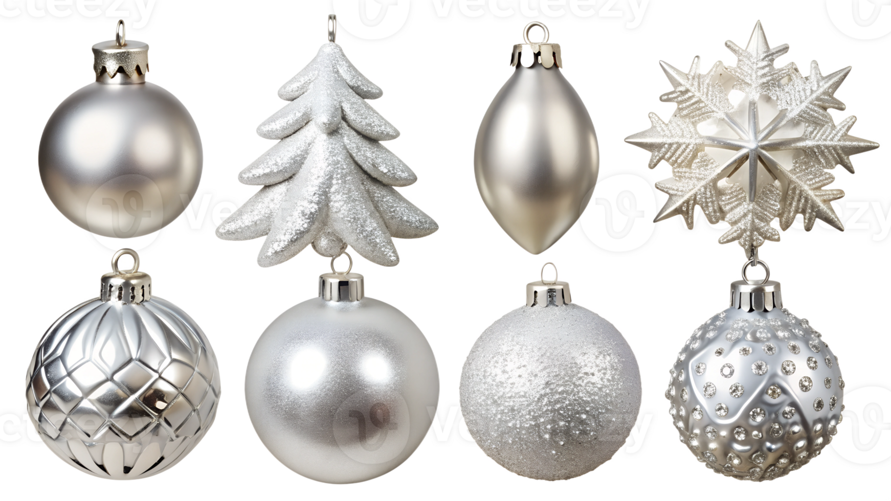 Silver Christmas ornaments in various shapes, transparent png