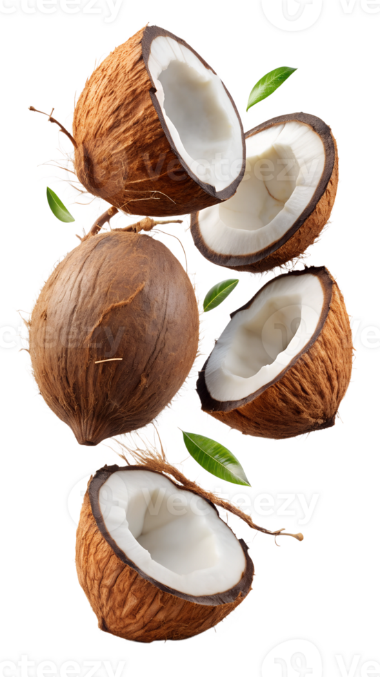 Cracked coconuts with white flesh and green leaves, floating, isolated transparent png