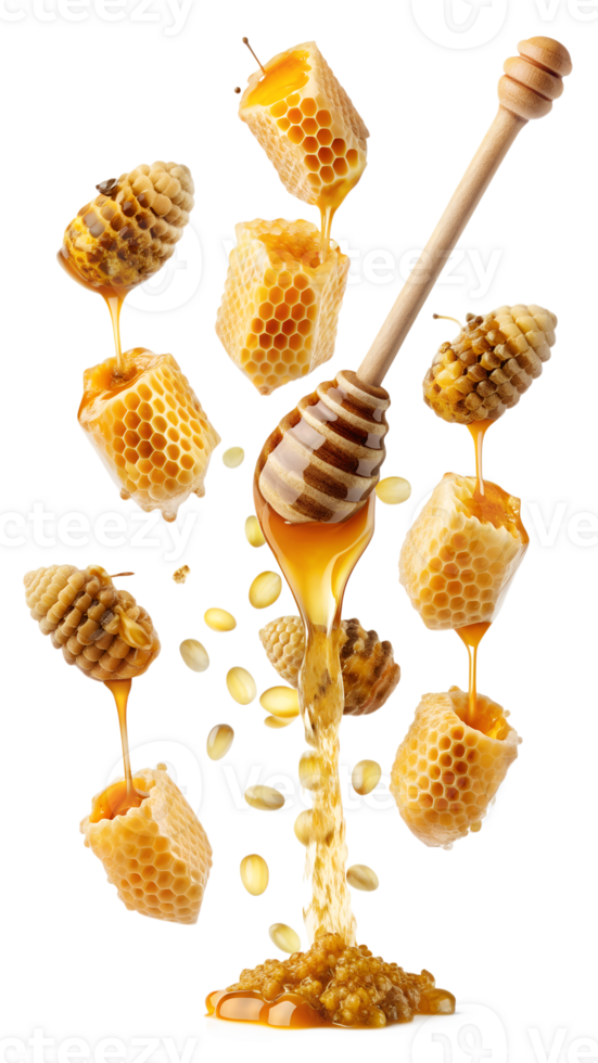 Honey dripping from honeycomb with honey dipper, isolated transparent png