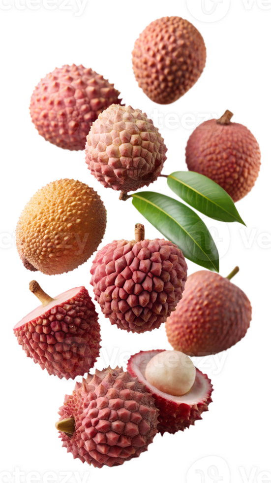 Whole and peeled lychee fruits with leaves, isolated transparent png