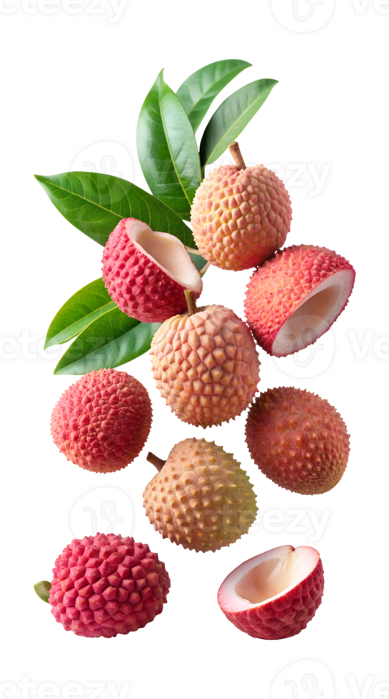 Fresh lychees with leaves on white background, isolated transparent png