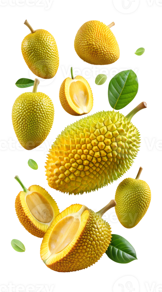 Whole and sliced jackfruit with green leaves, isolated transparent png