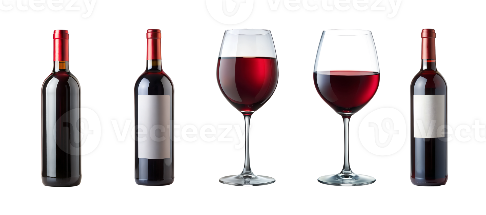 Set of red wine bottles and glasses isolated transparent png