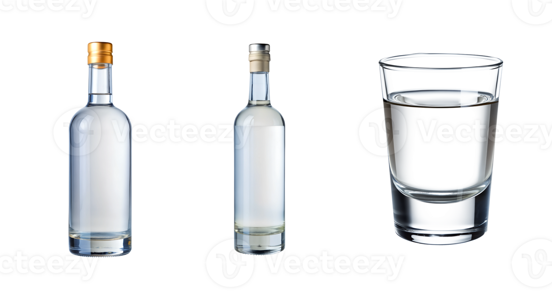 Set of vodka bottles and shot glass isolated transparent png