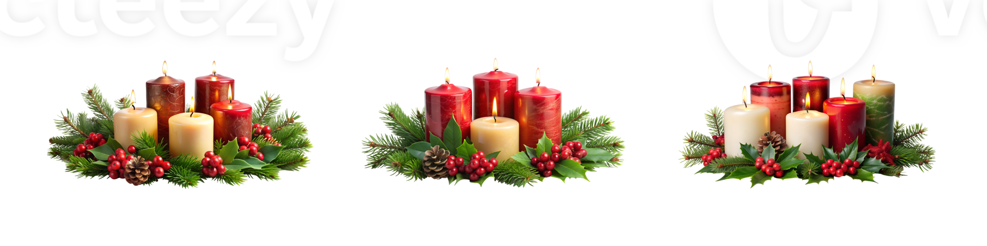 Set Christmas candles arrangement isolated transparent png