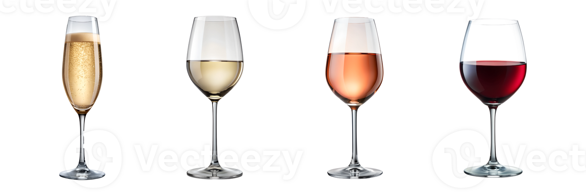 glasses of sparkling, white, rose, and red wines, transparent file png