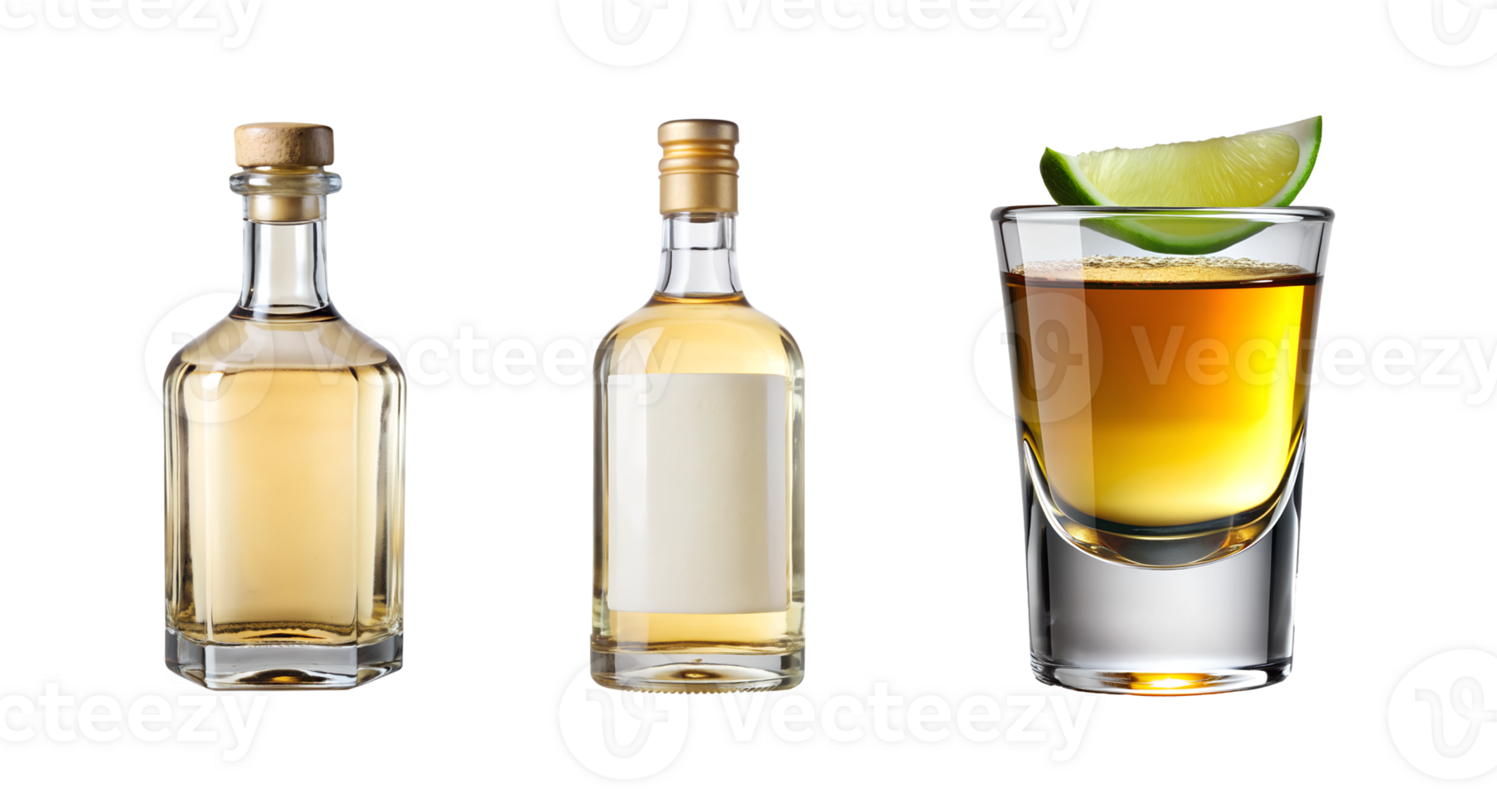 set of tequila bottles and shot glass with lime transparent png