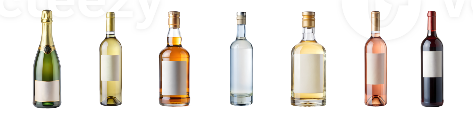 Assorted wine bottles with blank labels, transparent file png