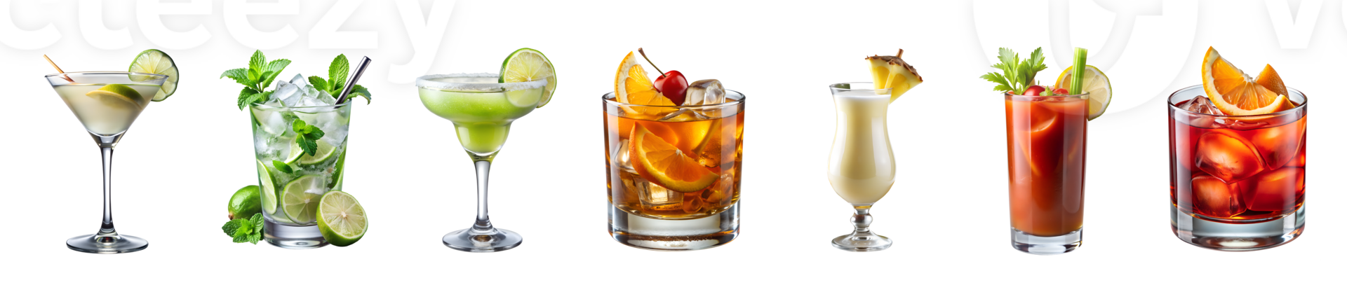 Set classic cocktails variety isolated transparent png