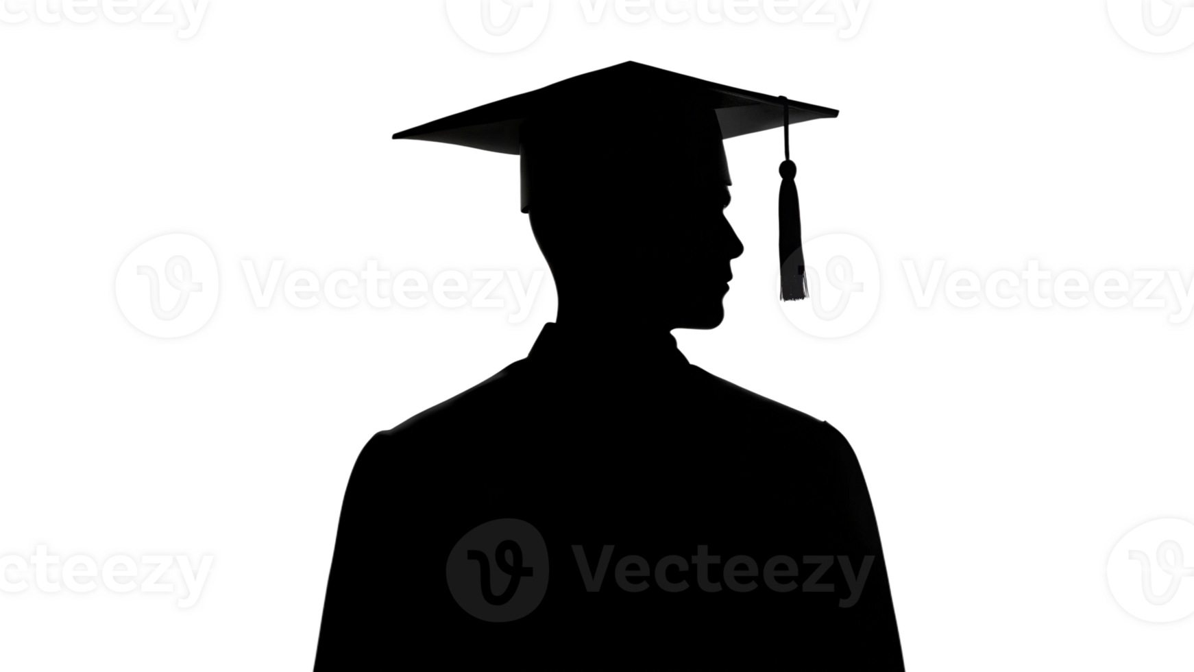 Silhouette of a person in graduation attire, isolated on black background, transparent file png