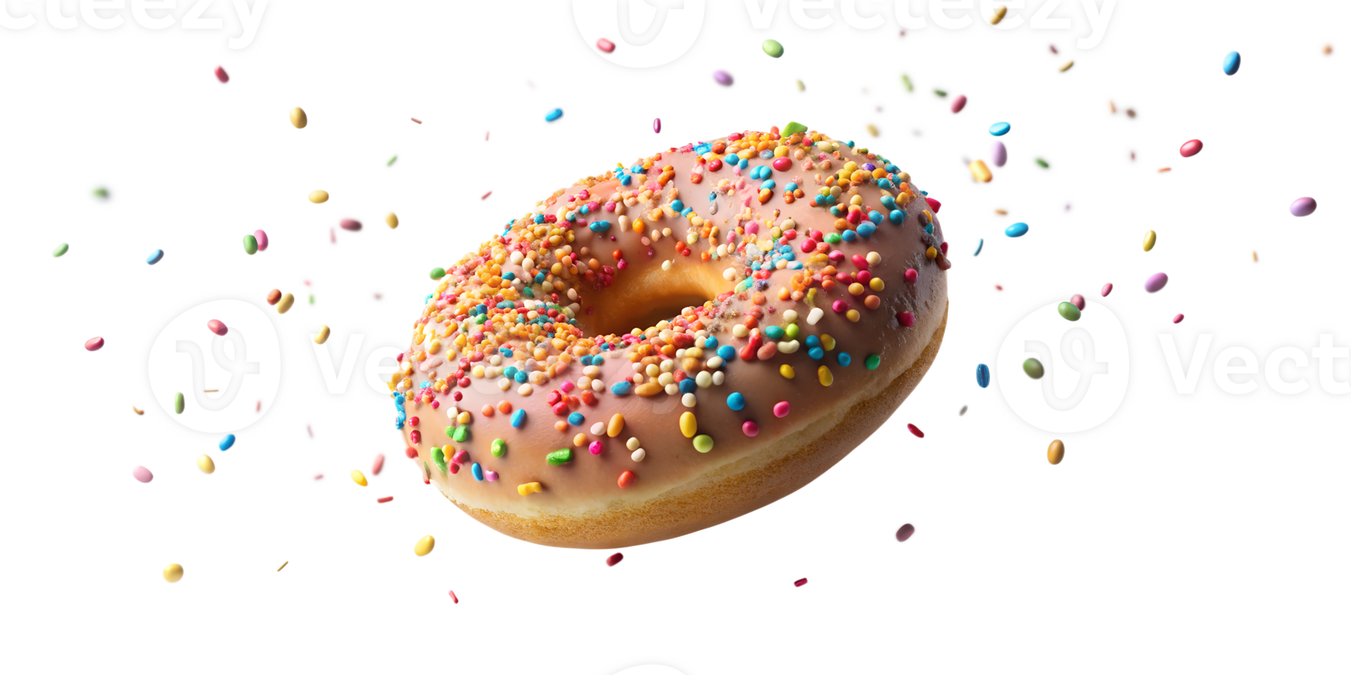 Single donut with pink icing and colorful sprinkles on black background, transparent png