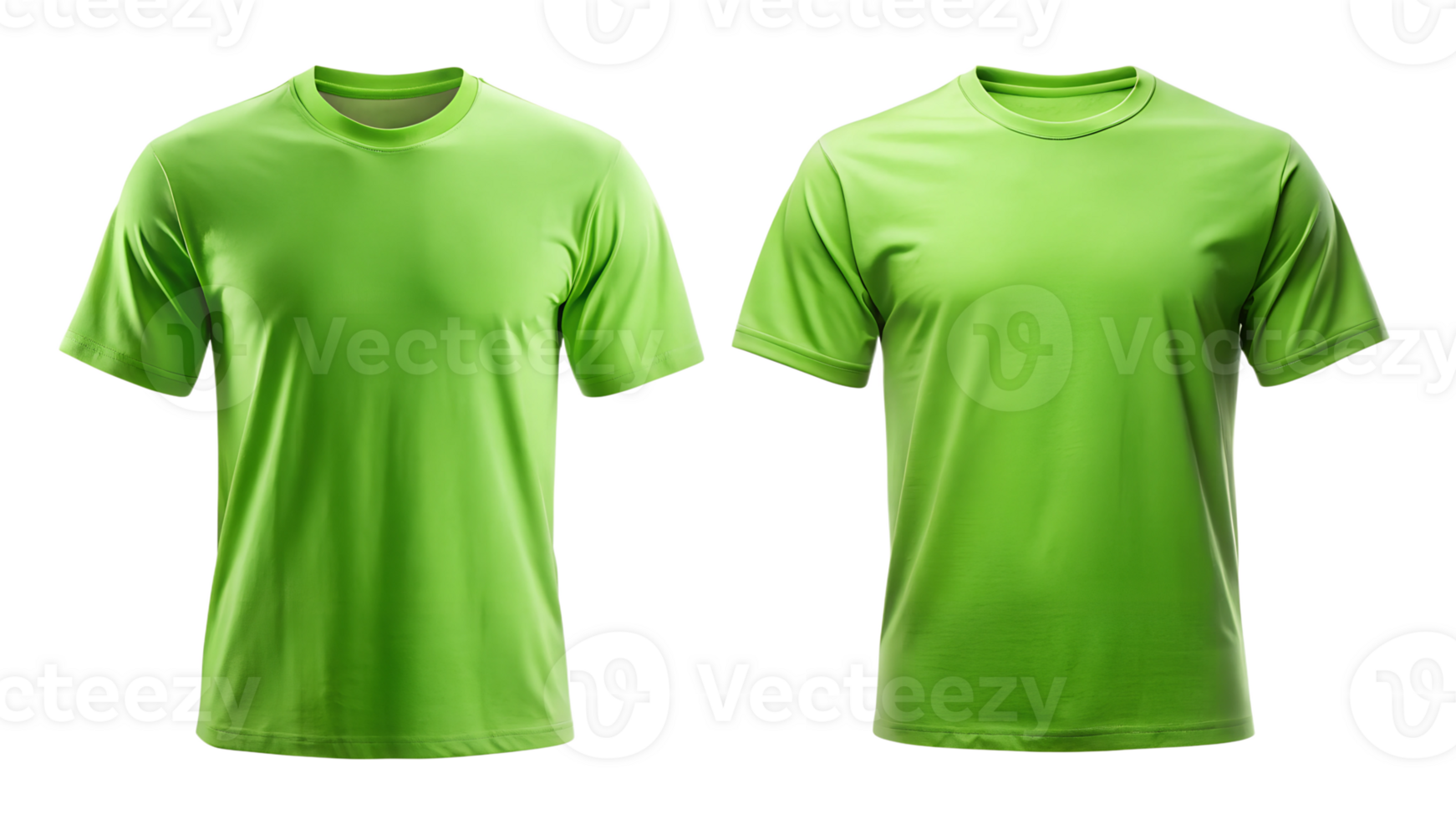 Two green t-shirts side by side, isolated on white, casual wear, transparent file png