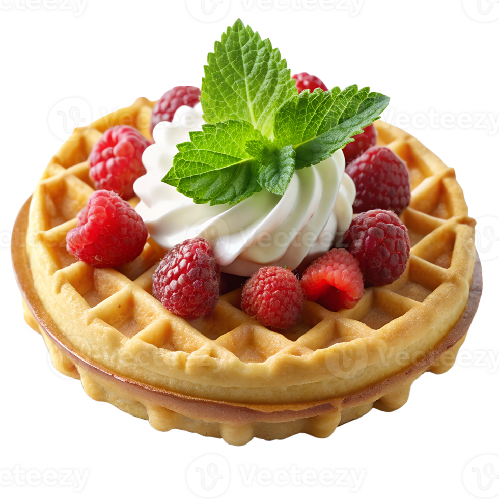Belgian waffle with fresh raspberries, whipped cream, and mint garnish, isolated on white background, transparent png
