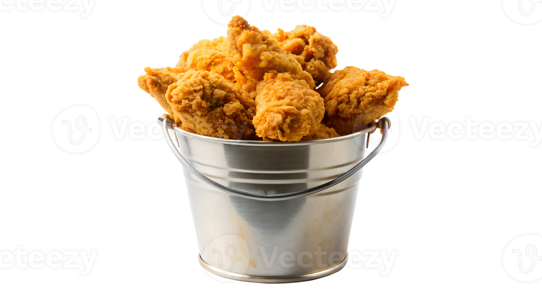 Bucket of crispy fried chicken pieces isolated on white background, perfect for fast food promotion or menu design, transparent png