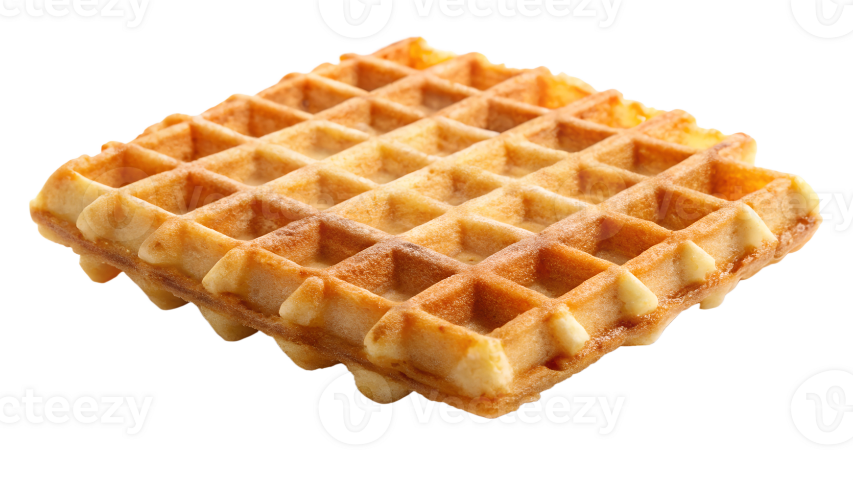 Close-up of a single golden waffle on white background, highlighting its crisp texture and perfect grid pattern, transparent file png