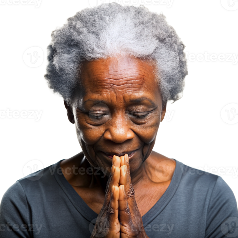 Elderly Woman Praying with Eyes Closed, Deep in Thought cut out isolated PNG transparent