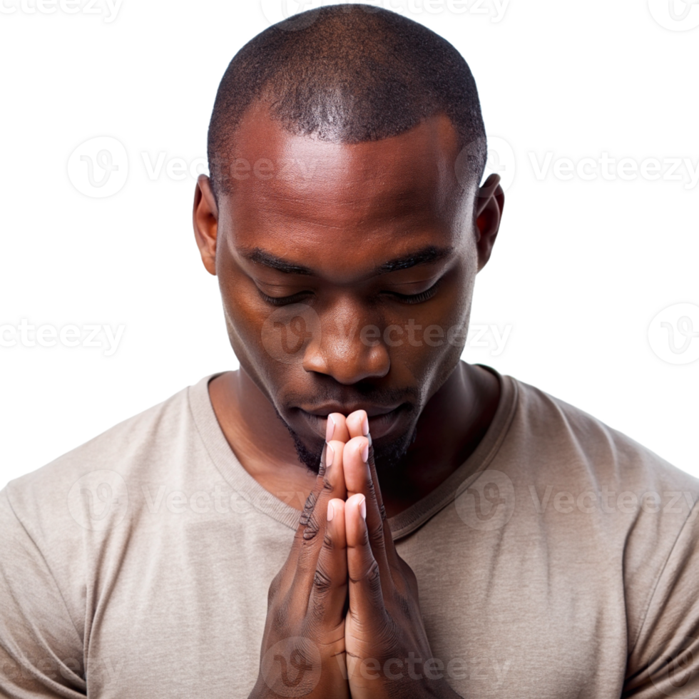 Man in Deep Contemplation with Hands in Prayer Position cut out isolated PNG transparent