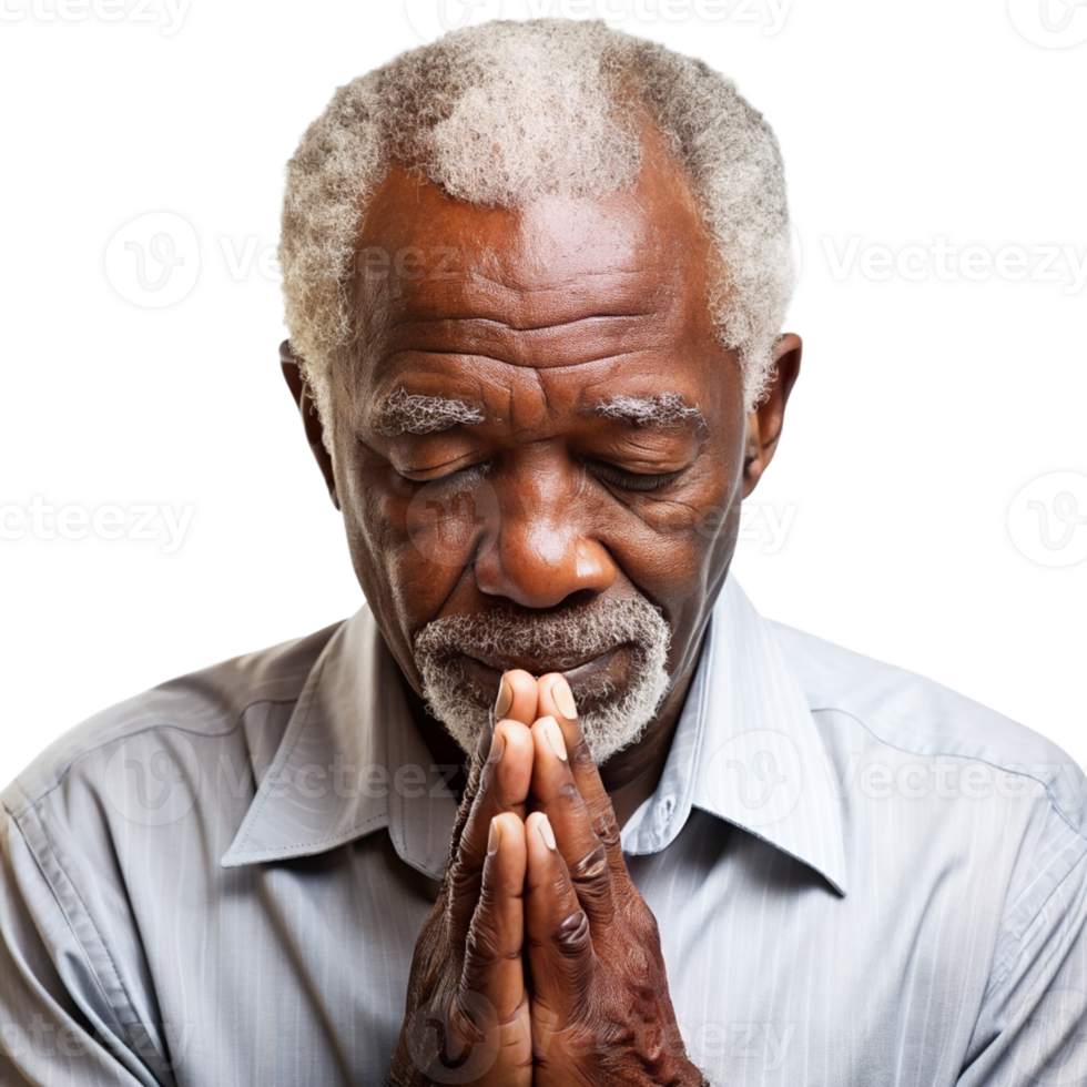 Elderly Man in Deep Contemplation with Hands Clasped in Prayer cut out isolated PNG transparent