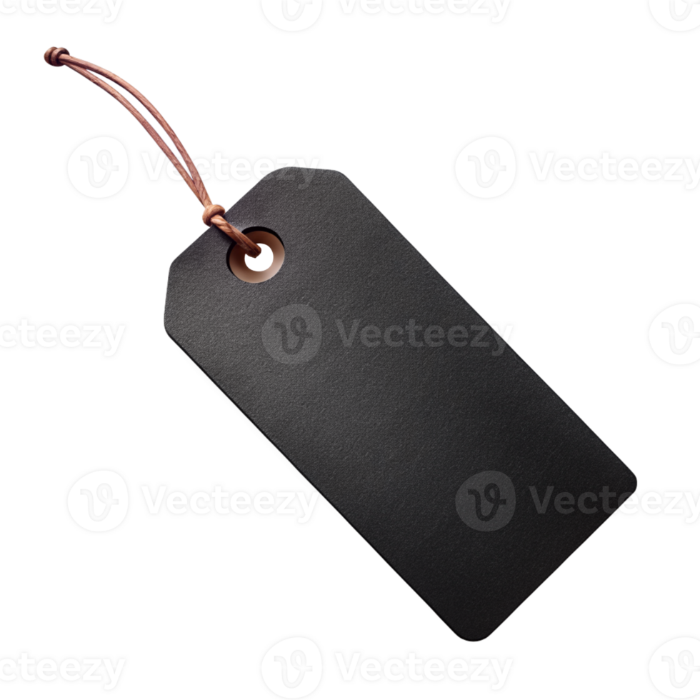 Black Paper Tag with Brown String - Blank Label for Price, Gift, or Product Packaging, cut out isolated PNG transparent