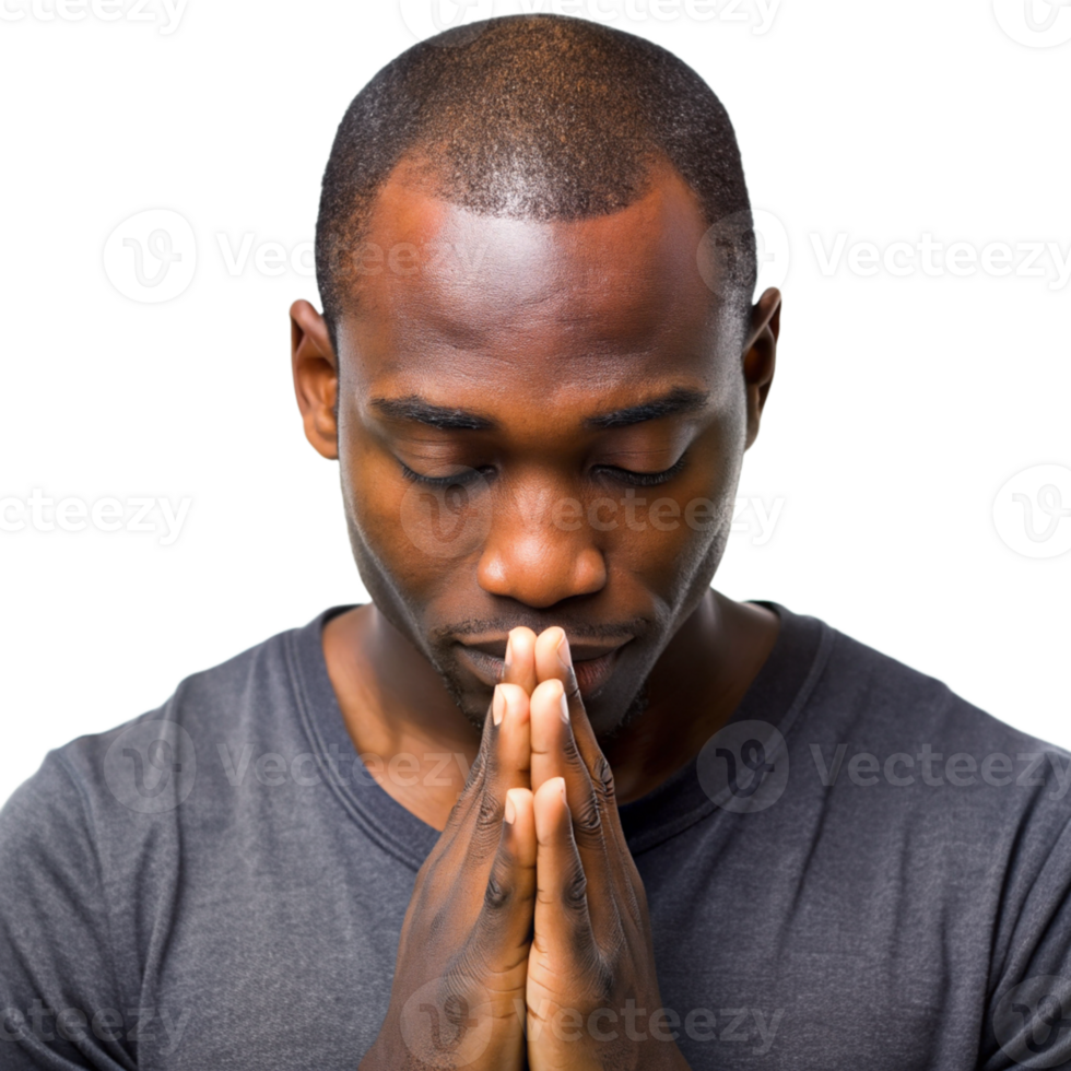 Man Praying with Hands Clasped in Reverence and Concentration cut out isolated PNG transparent