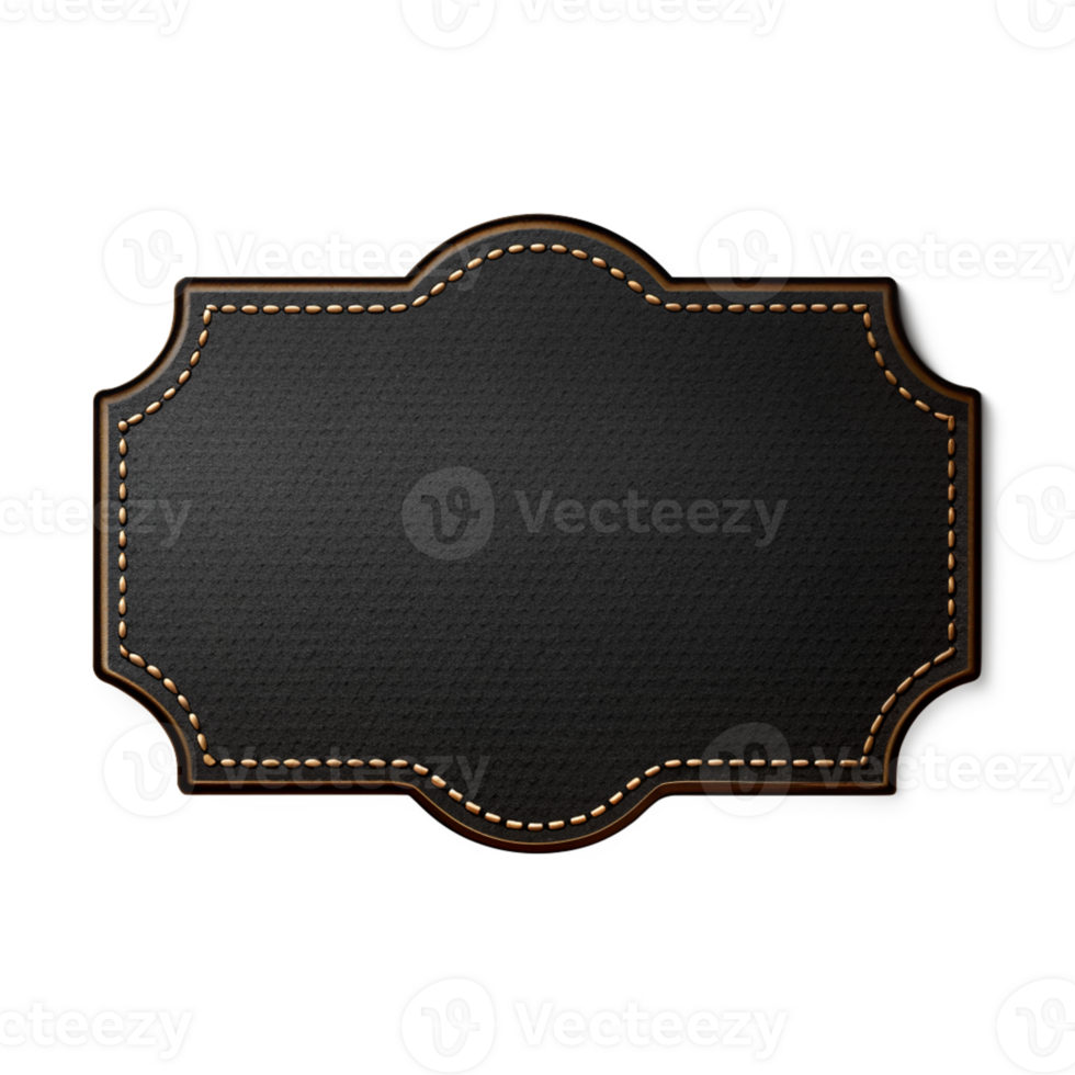 Elegant Black Leather Label with Stitched Border, cut out isolated PNG transparent