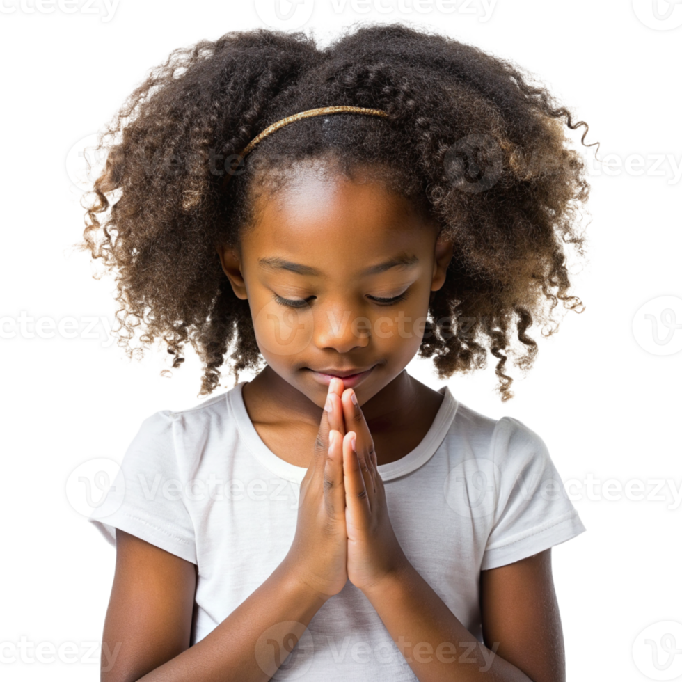 Young African American Girl Praying with Hands Clasped cut out isolated PNG transparent