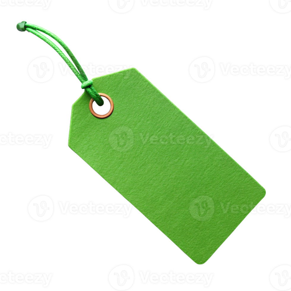 Green Paper Tag with String, cut out isolated PNG transparent