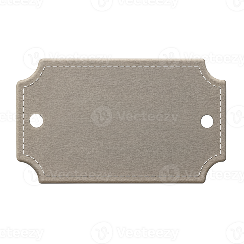 Elegant blank metal tag with decorative border and stitching, perfect for labels and custom designs, cut out isolated PNG transparent