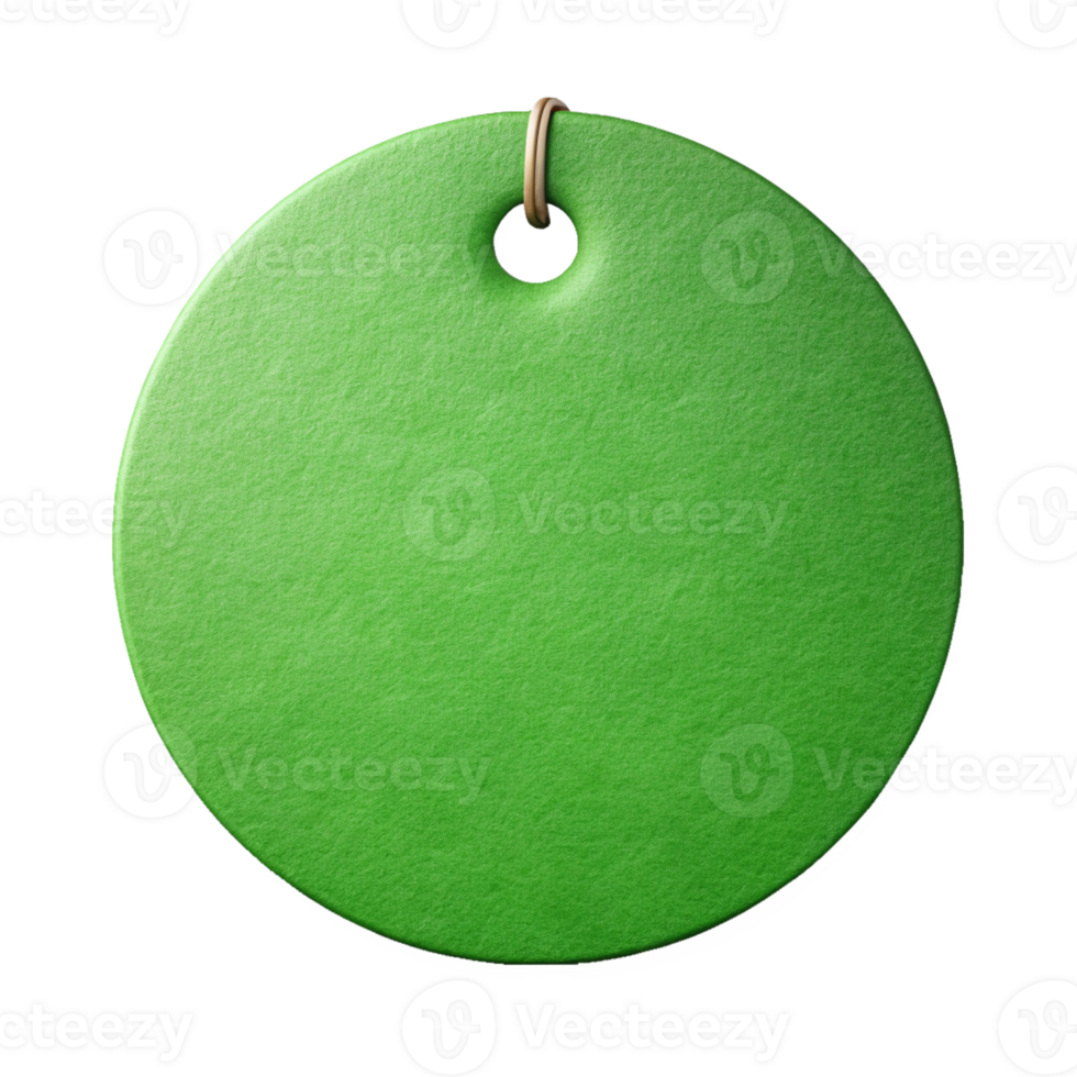 Green Circular Tag with Hole and Metal Ring - High-Quality Textured Surface, cut out isolated PNG transparent