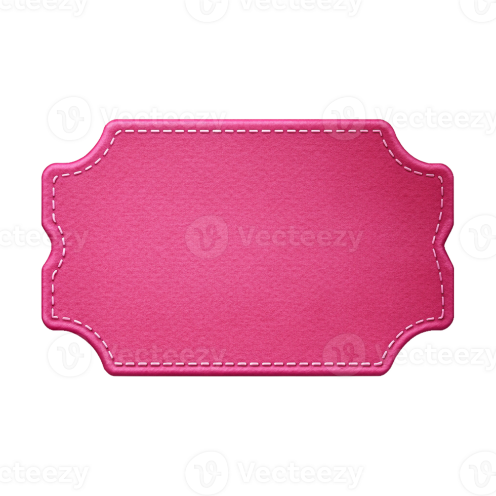 Pink felt texture label with white stitching, cut out isolated PNG transparent