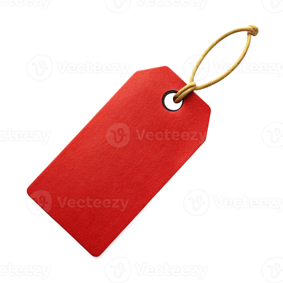 Red price tag with golden string, cut out isolated PNG transparent