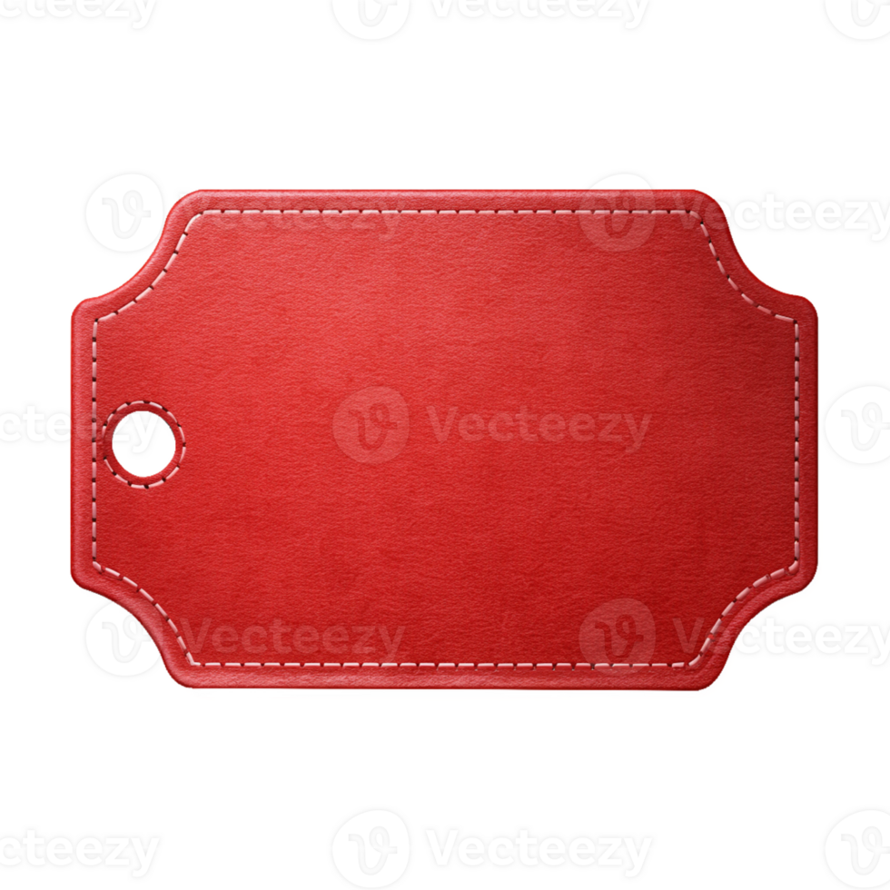 Red leather tag with stitched edges and hole, cut out isolated PNG transparent
