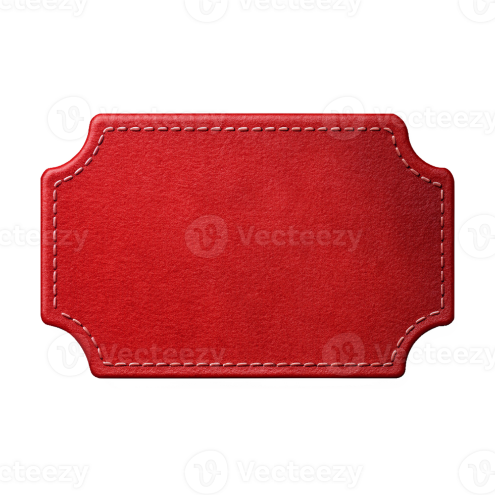High-Quality Red Leather Label with Stitched Border, cut out isolated PNG transparent