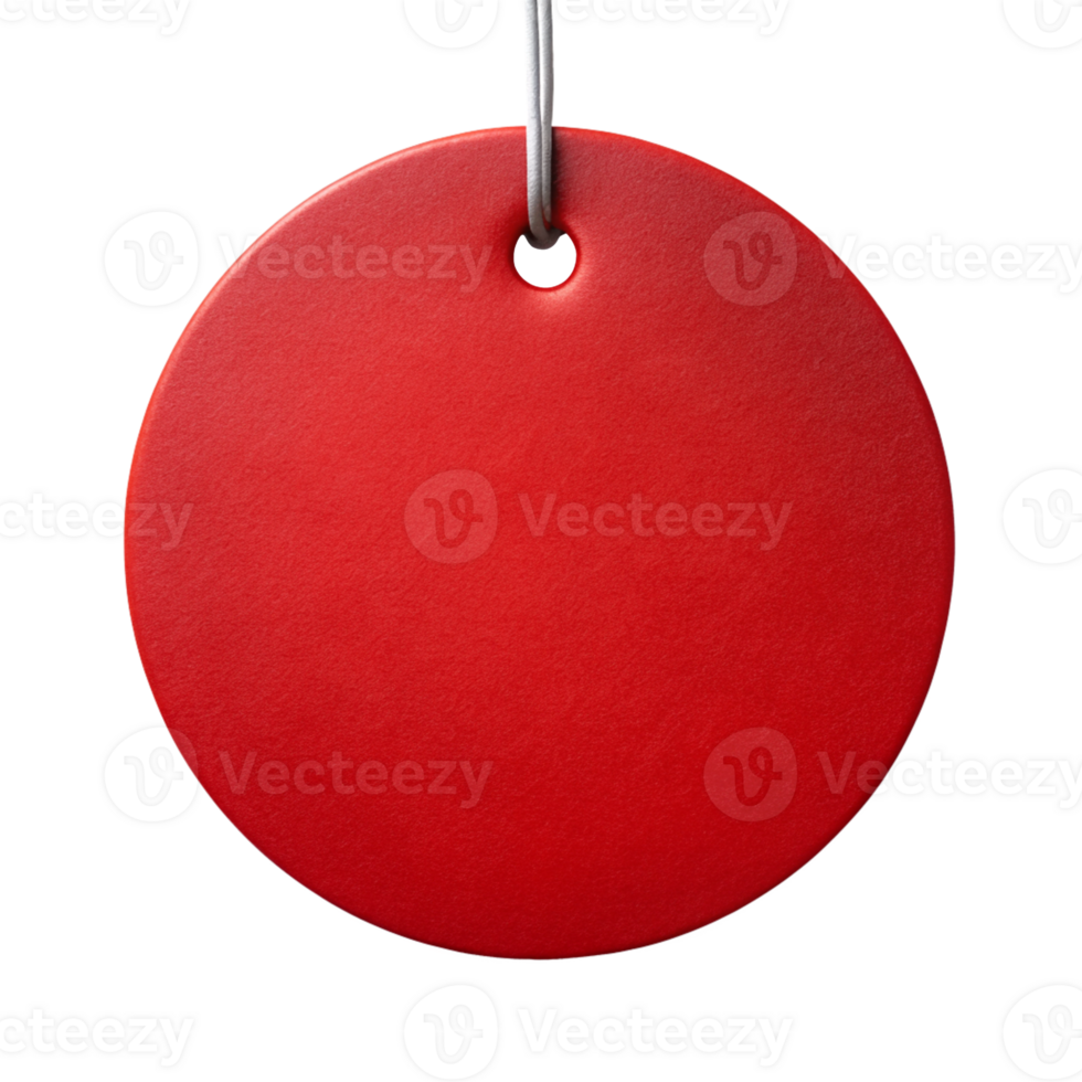 Red circular tag with metallic string - minimalistic design, cut out isolated PNG transparent