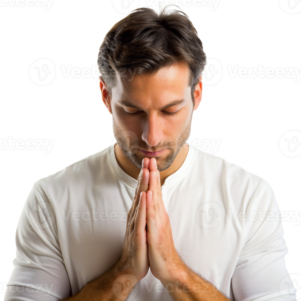 Meditative Man in White Shirt Praying with Hands Together cut out isolated PNG transparent