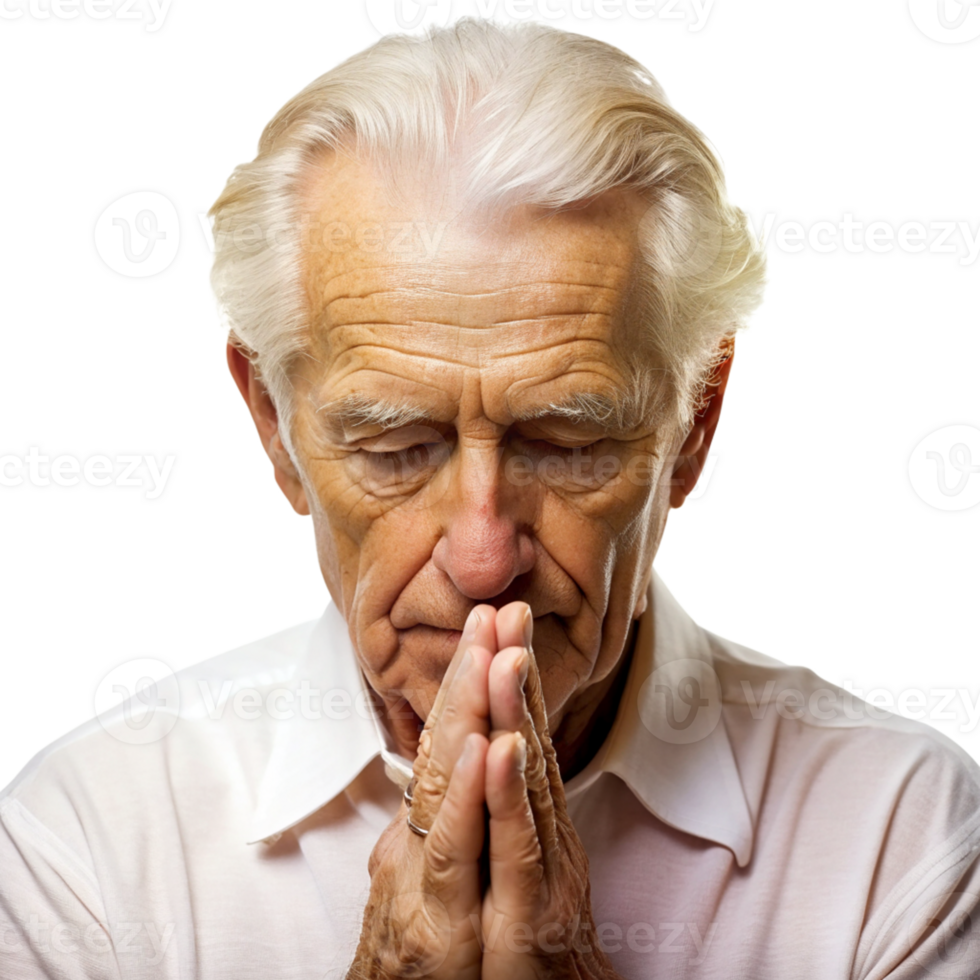 Elderly Man in Deep Contemplation with Hands Clasped in Prayer cut out isolated PNG transparent