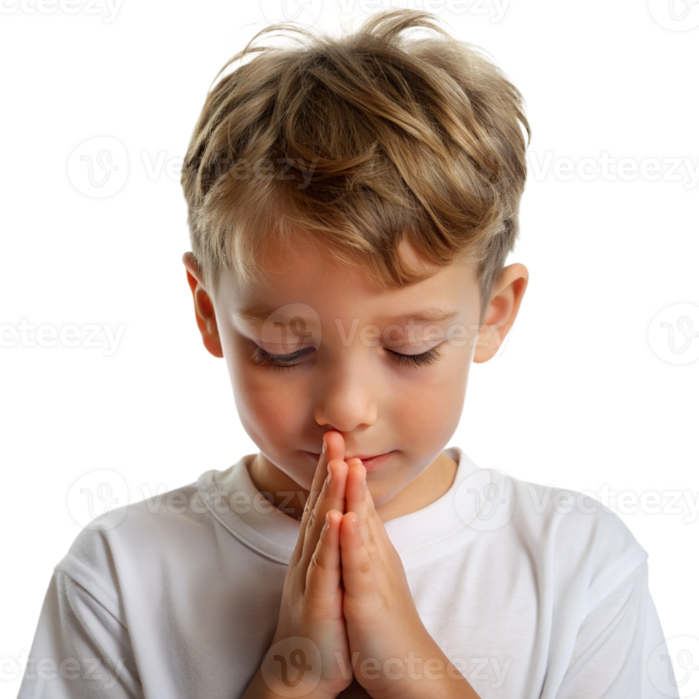 Young boy praying with closed eyes and clasped hands in a serene moment cut out isolated PNG transparent