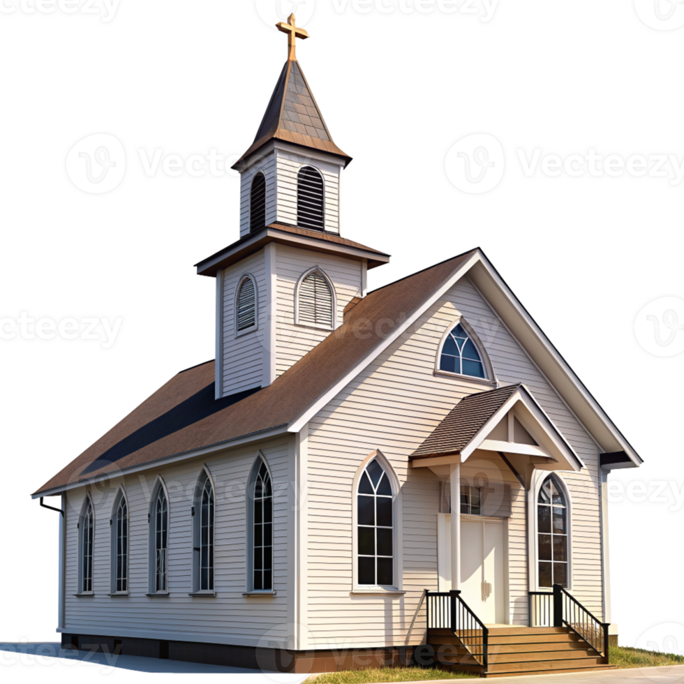 Charming White Wooden Church with Steeple and Cross, Front View, cut out isolated PNG transparent