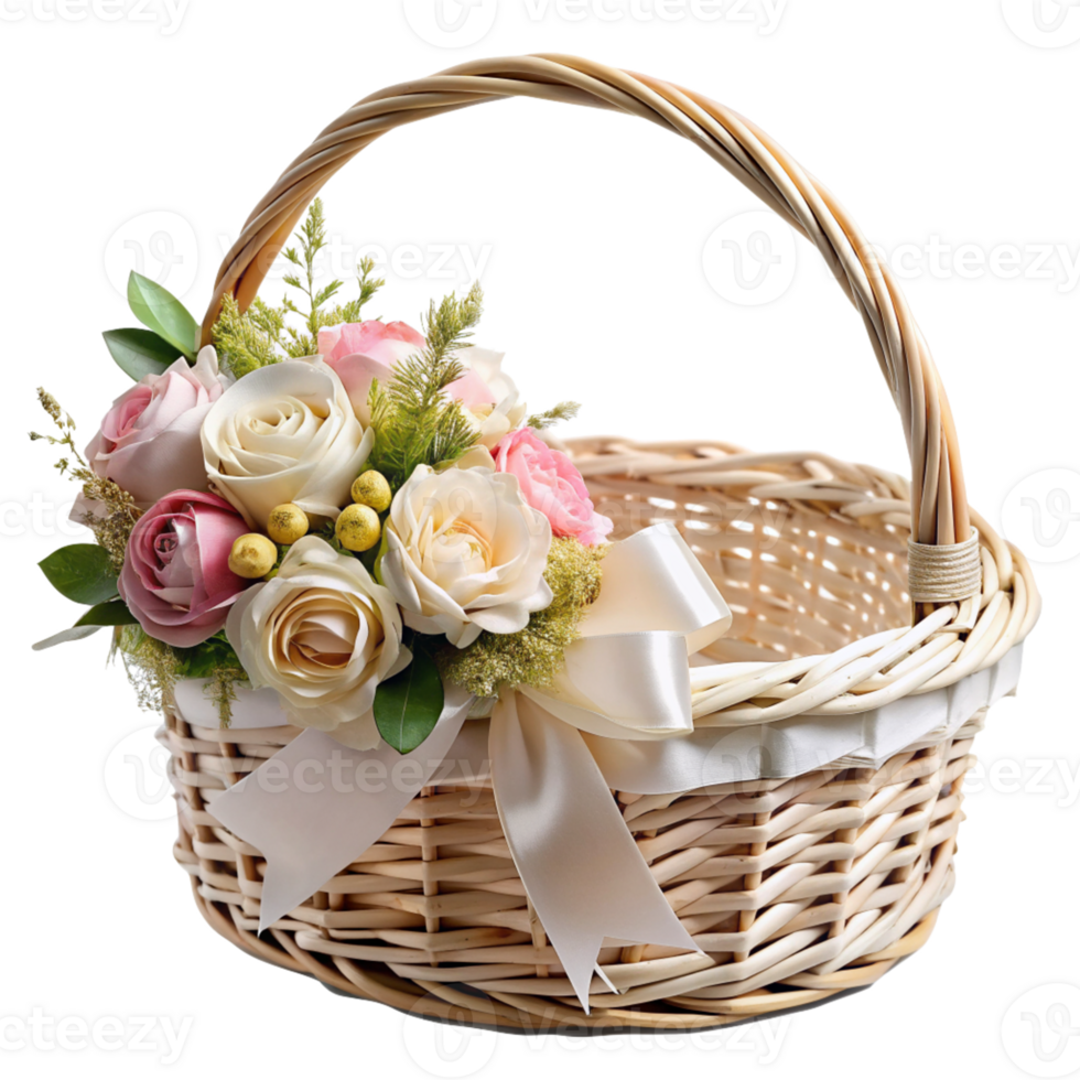 Elegant wicker basket with floral arrangement and ribbon bow, cut out isolated PNG transparent