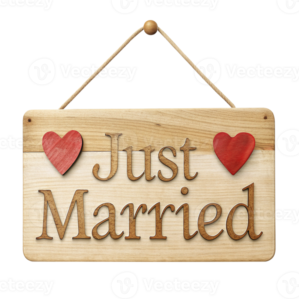 Rustic Wooden Just Married Sign with Red Hearts, Wedding Decoration, cut out isolated PNG transparent