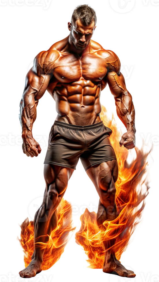Muscular Bodybuilder with Fiery Aura, Fitness Motivation and Strength Concept cut out png on transparent background